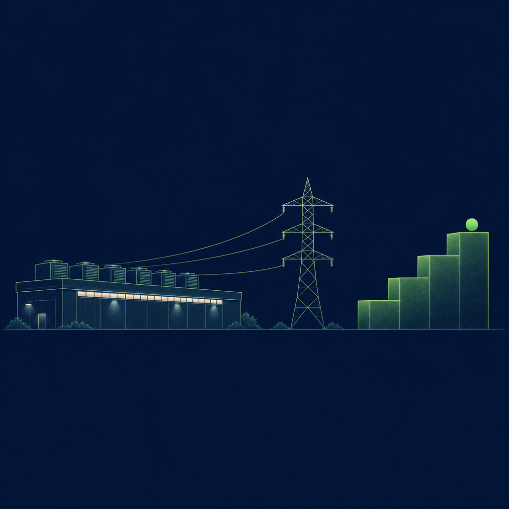 Text-free editorial vector illustration on a deep navy background, everything held inside one horizontal band across the middle of the frame with empty navy margins above and below: on the left, a low, wide, flat-roofed building drawn in thin luminous green lines with six small rooftop cooling units and a strip of warm off-white lit windows; in the centre, a single tall transmission pylon with three thin lines running from it to the building's roof; on the right, a four-step staircase of translucent green blocks with one small solid spring-green dot resting on the top step; faint foliage silhouettes along the baseline. No letters, words, numbers or codes anywhere.