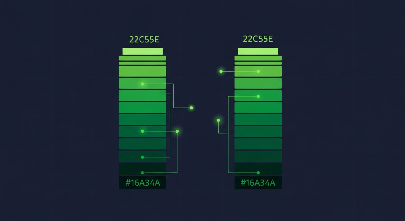 Editorial illustration of two side-by-side green data-stack columns of different heights on a deep navy background, comparing firmographic and technographic depth.