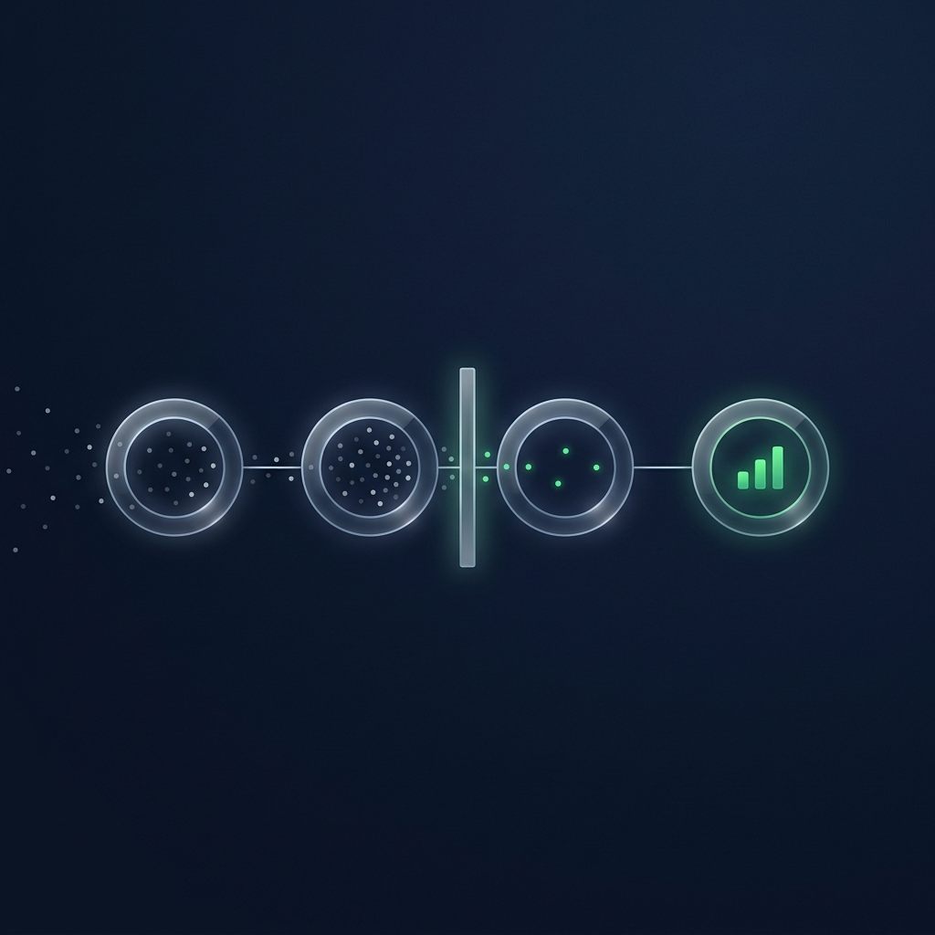 A chain of four glass rings: dim dots enter the first, a narrow gate passes only a few green dots to the third, and the fourth holds three rising green bars.