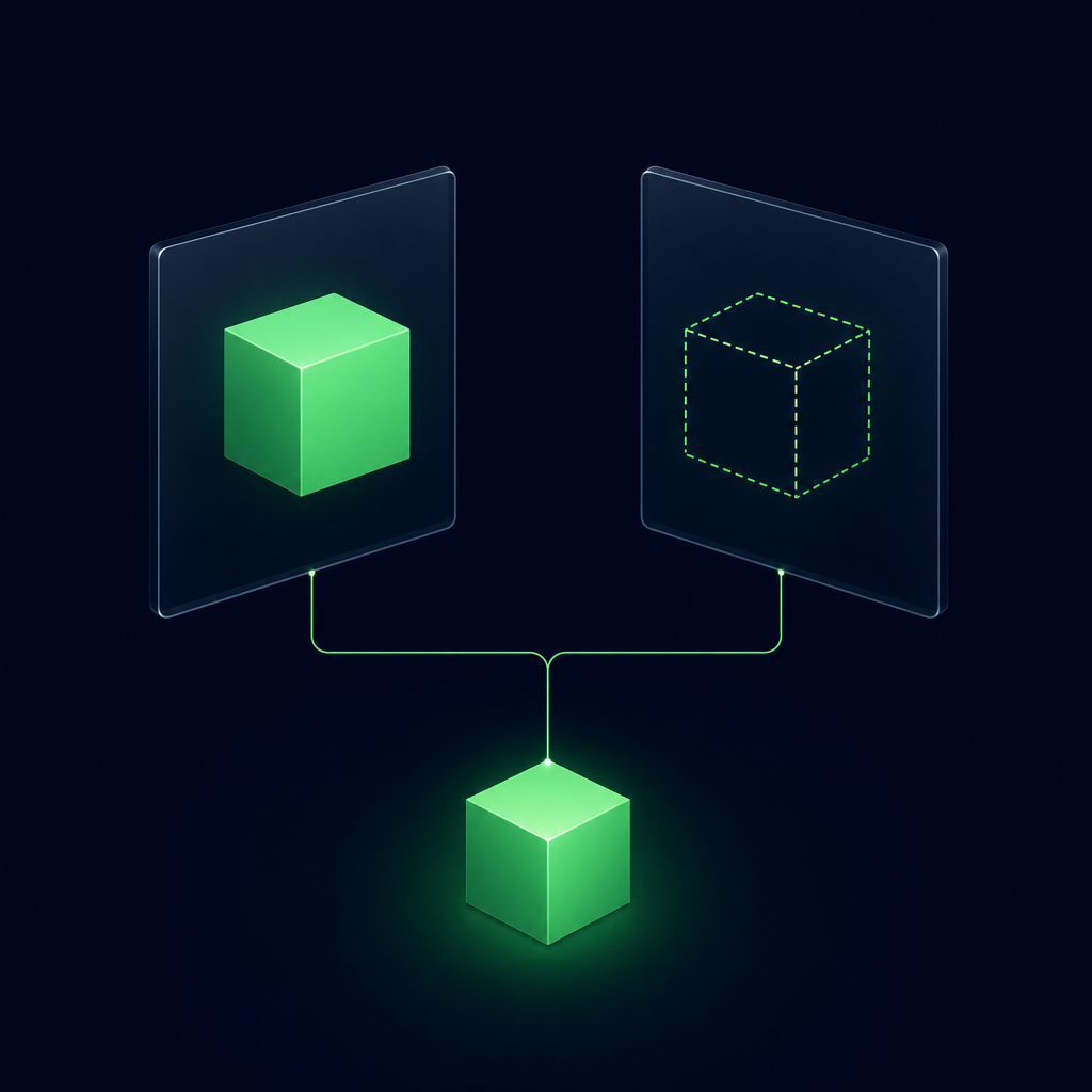 Two dark panels, one holding a solid green cube and the other a dotted outline of a cube, joined by a green line to a glowing cube below.