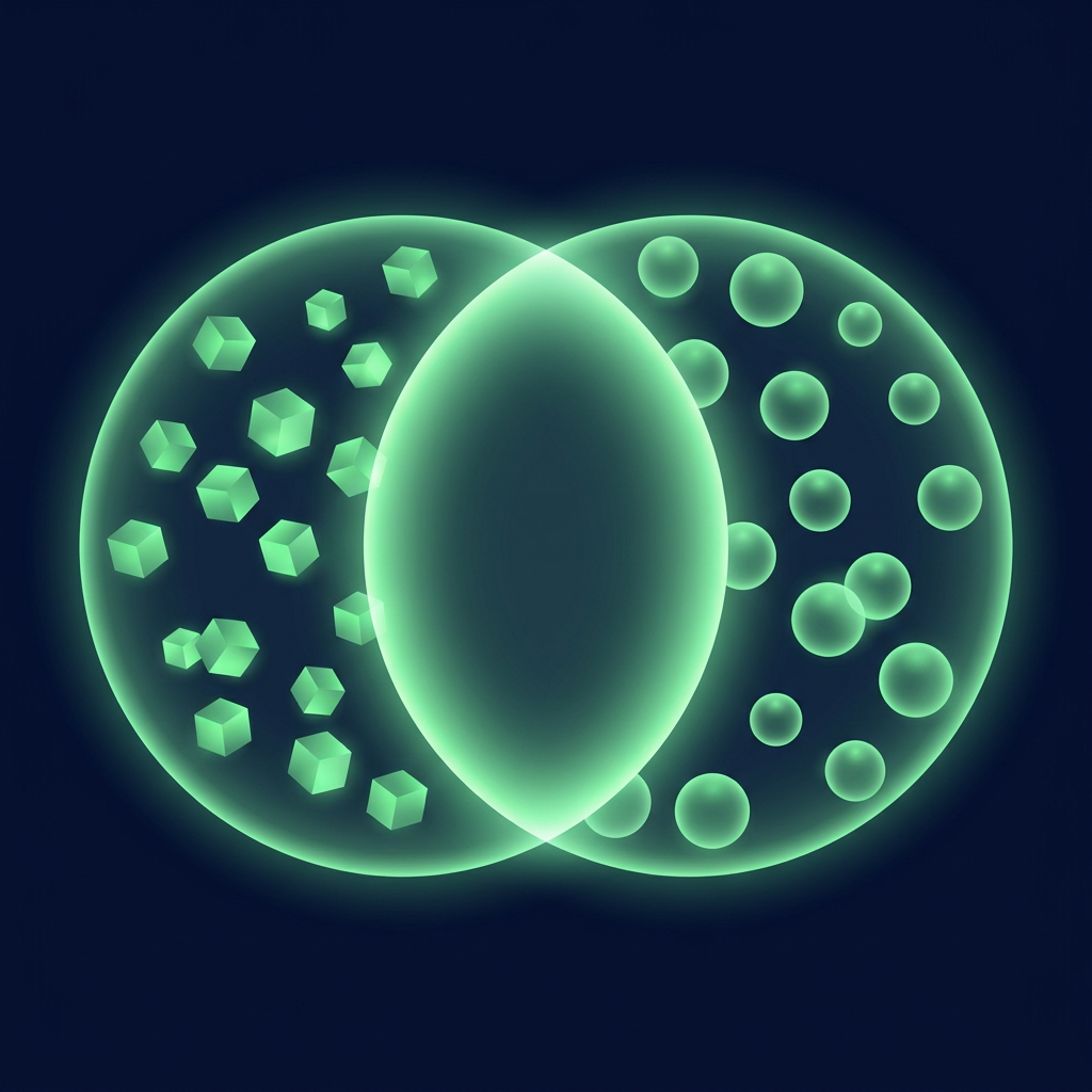 Editorial illustration of two large overlapping translucent circles forming a glowing Venn intersection on a deep navy background, one circle holding a cluster of small luminous green cubes and the other holding smooth glowing spheres, with a bright blended band where they overlap, suggesting compared platforms with shared and distinct traits.