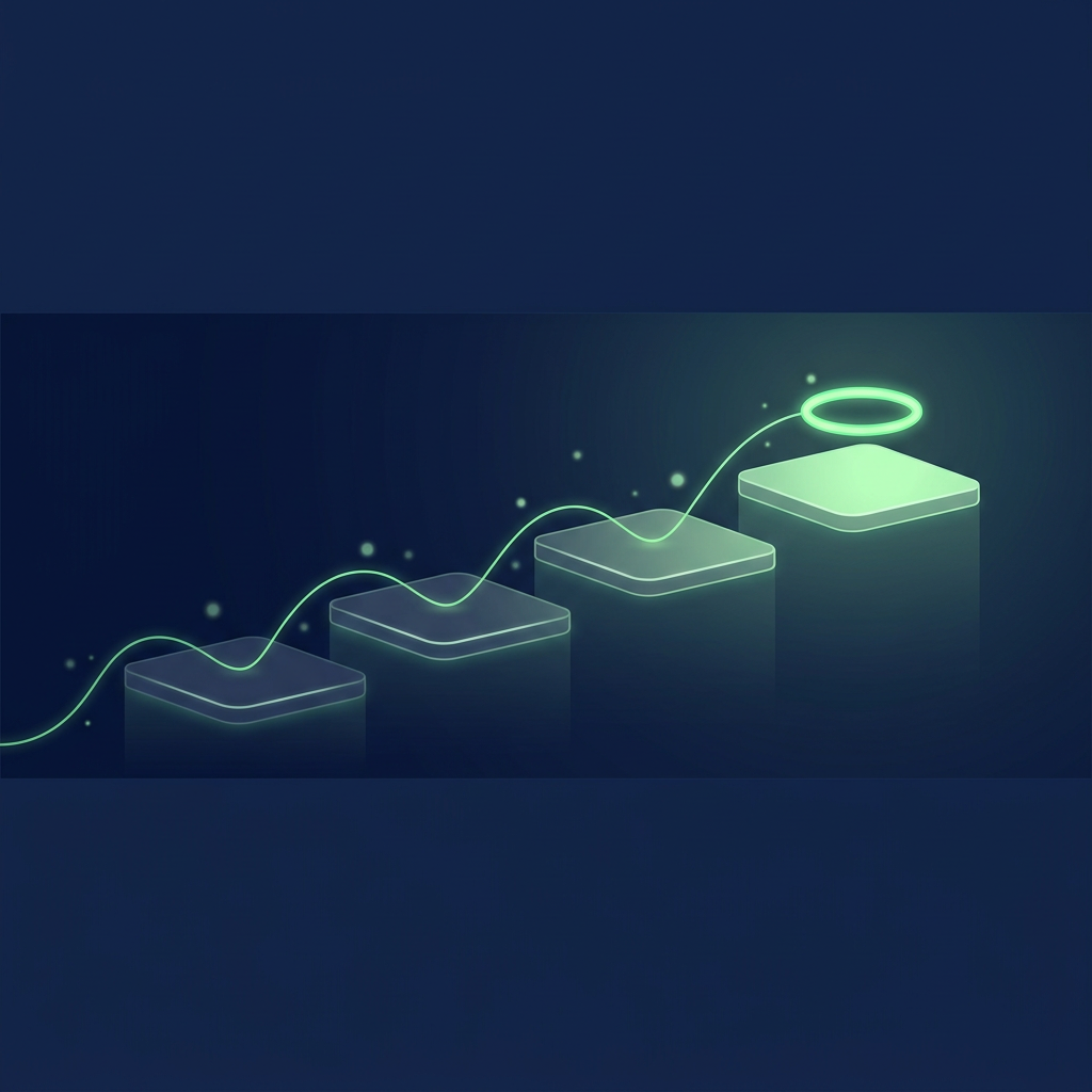 A glowing green thread climbs four stepped platforms on a deep navy field and ends at a bright ring.