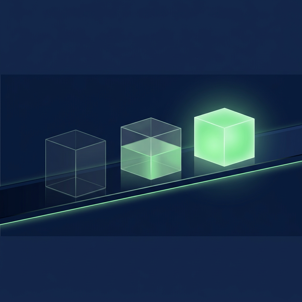 Three glass cubes on a rail, the first a faint empty outline, the second half filled with green light and the third solid and glowing green.