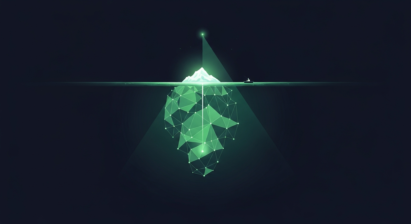 Editorial vector illustration on a deep navy background: an iceberg in cross-section with a small glowing peak above the waterline and a large hidden lattice of luminous green facets below, lit by a thin radiant beam sweeping down from a tiny boat — discovery revealing what lies beneath the surface.