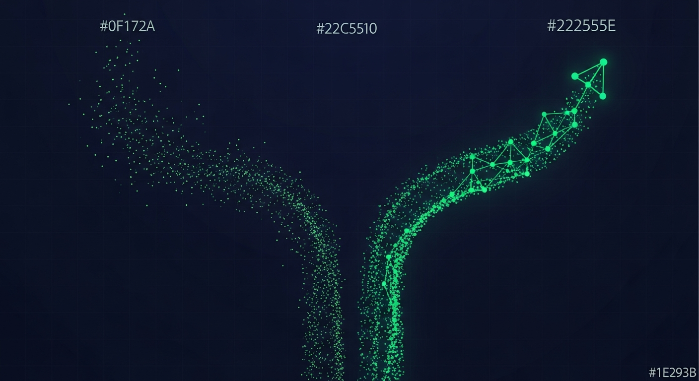 Editorial illustration on deep navy of a faint scattered cloud of pale green dots converging into one bright emerald ascending line of connected nodes, suggesting diffuse research narrowing into focused buying intent.