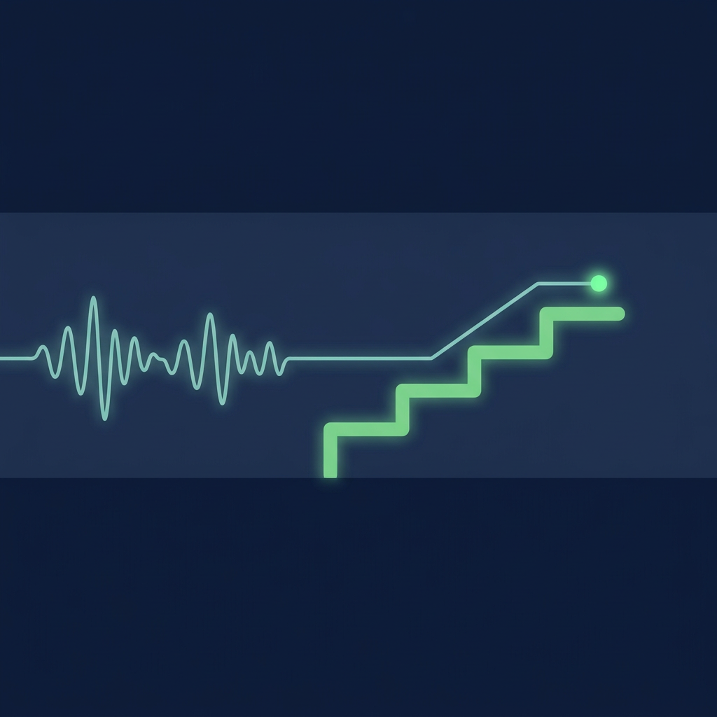 Text-free editorial vector illustration on a deep navy background, composition held inside a horizontal band across the middle of the frame with empty navy margins above and below: on the left, a thin soft-teal audio waveform runs horizontally like the trace of a recorded voice; toward the centre it straightens into a single line that climbs four broad spring-green steps rising to the right like rungs; a small glowing spring-green dot rests on the top step; minimal flat shapes, subtle glow, no letters, numbers, labels or logos.