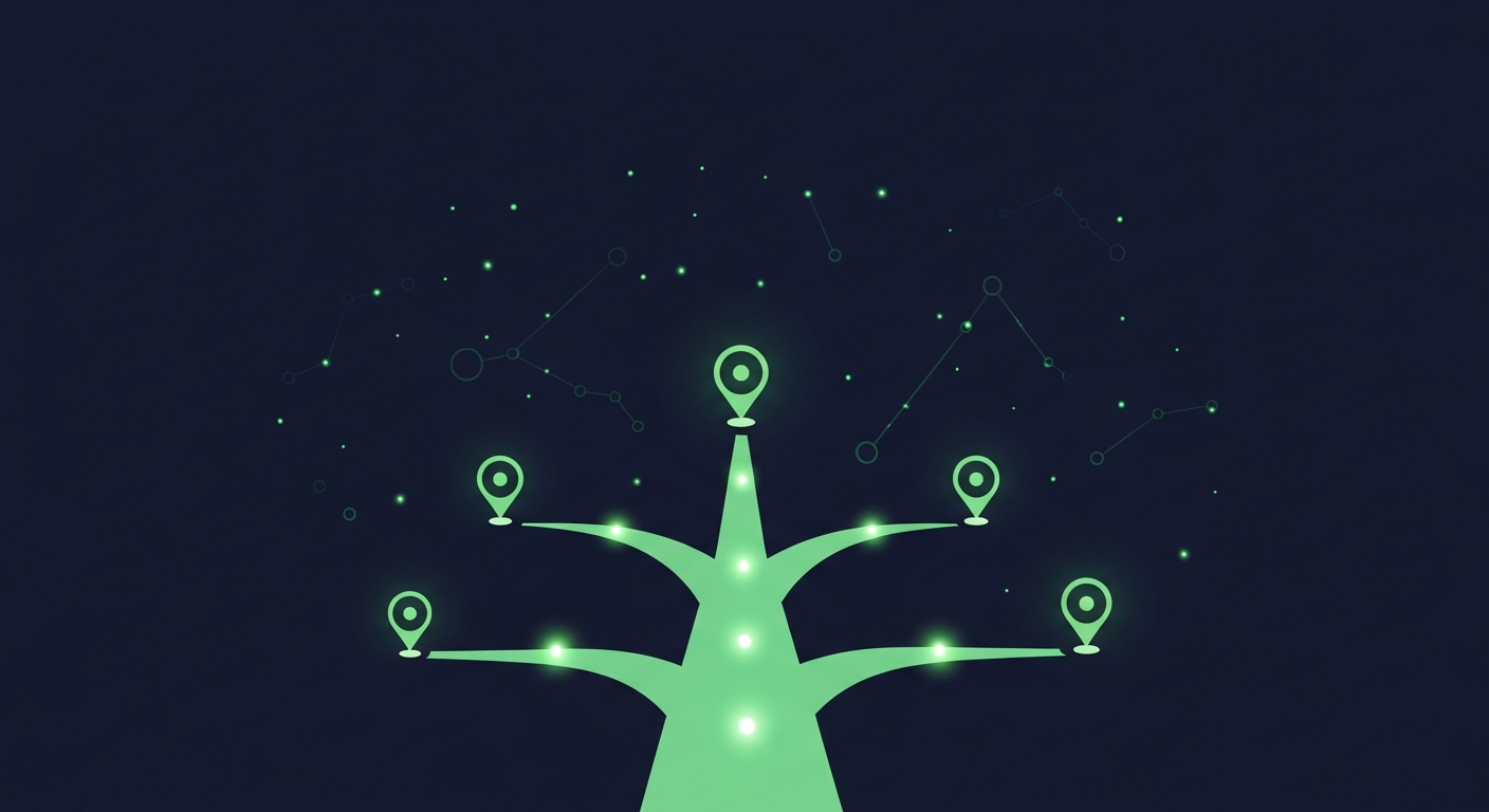 Editorial illustration of a luminous green pathway branching into several distinct glowing routes toward target markers on a deep navy background, suggesting a set of B2B prospecting strategies to choose between.