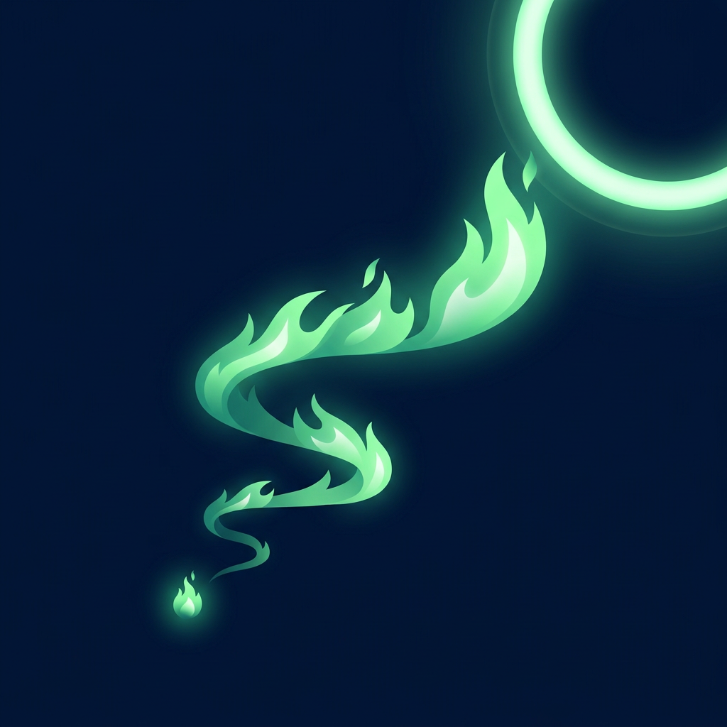 Editorial vector illustration on a deep navy background of a small glowing green ember at the base of a rising spiral of progressively larger and brighter flame shapes, the spiral ascending toward a wide luminous ring at the top — suggesting patient, staged growth of sending volume into full capacity.