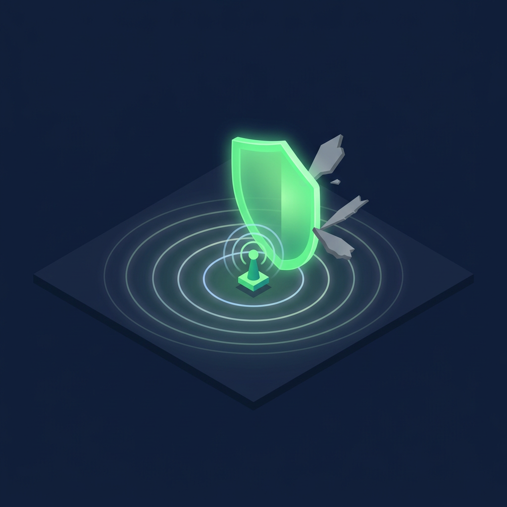 Editorial vector illustration on a deep navy background of a luminous green shield hovering above a small transmitting beacon; concentric signal rings radiate from the beacon, passing cleanly through the glowing shield, while a few dull grey jagged shards deflect off its surface — suggesting a protected sending identity filtering good signals from harm.