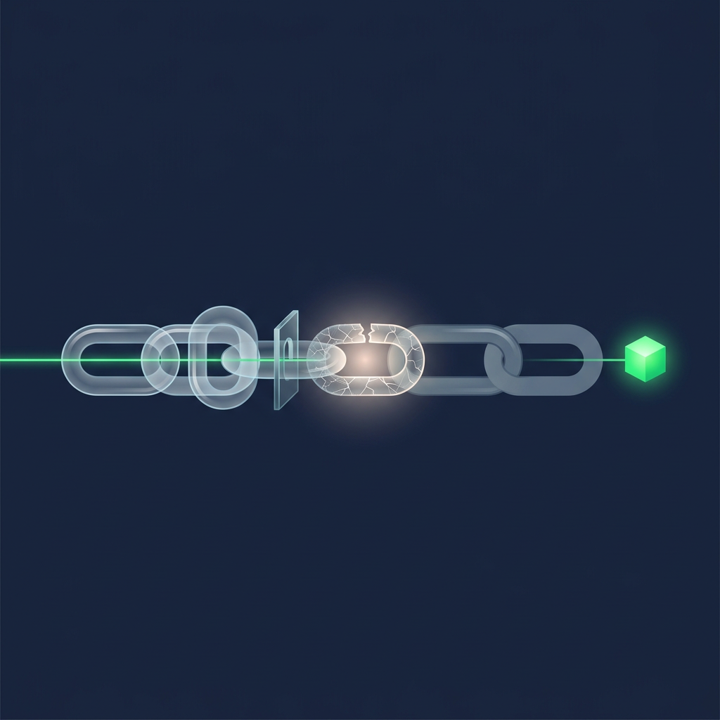A chain of five glass links with one cracked link glowing at the break; a green line passes the earlier links to a lit green cube at the far end.