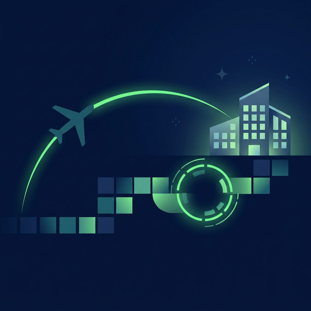 Text-free deep navy editorial vector illustration of destination-map contours, a hotel silhouette, an airplane path, and buyer-seller meeting tiles flowing through a luminous green circular planning loop; elegant spacious widescreen design, no letters, numbers, place names, logos, labels, or typography.