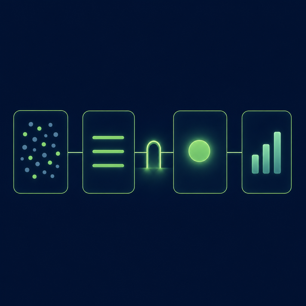 Text-free editorial vector illustration on a deep navy background, composition held in a horizontal band across the middle: four rounded rectangular panels outlined in thin luminous spring green stand left to right, joined by one thin green line; the first holds a loose scatter of slate-blue and green dots, the second three stacked horizontal green bars, then the line passes through a small glowing green arch-shaped gate before the third panel, which holds a single bright green circle with a soft halo, and the fourth holds three ascending green bars; no letters, numbers, labels or logos.
