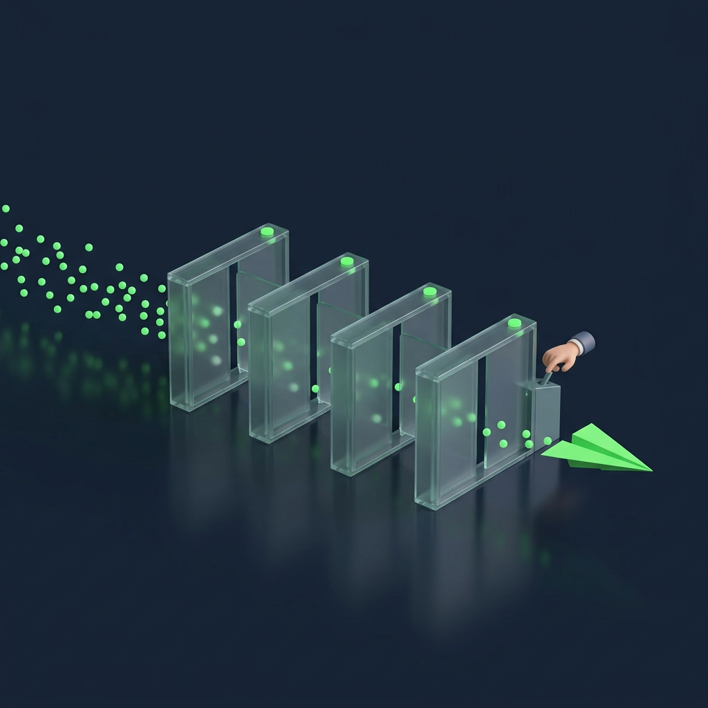 Green dots stream into four glass gates in a row; only a few pass the last gate, where a hand on a lever releases one green paper plane.