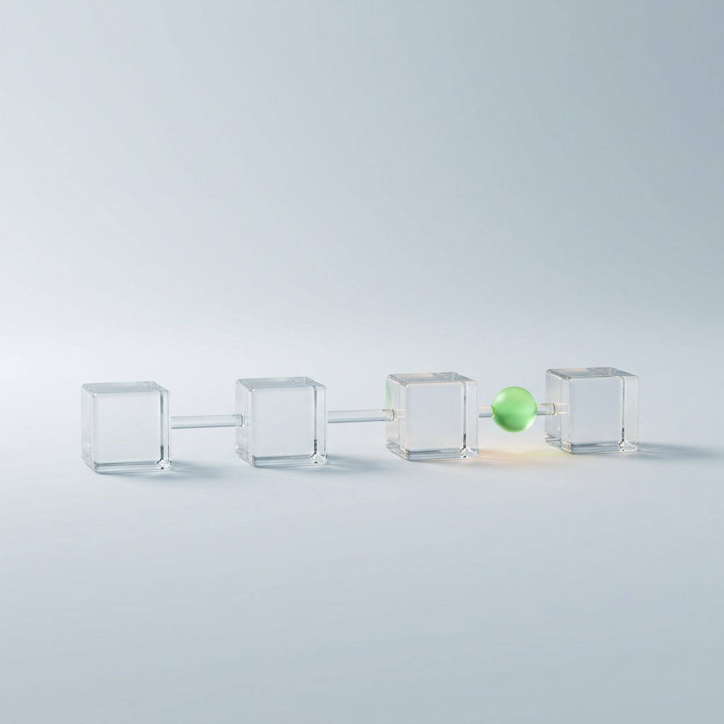 Four clear glass cubes in a row, each joined to the next by a thin glass rail, with a small glowing green sphere on the rail between the last two cubes.