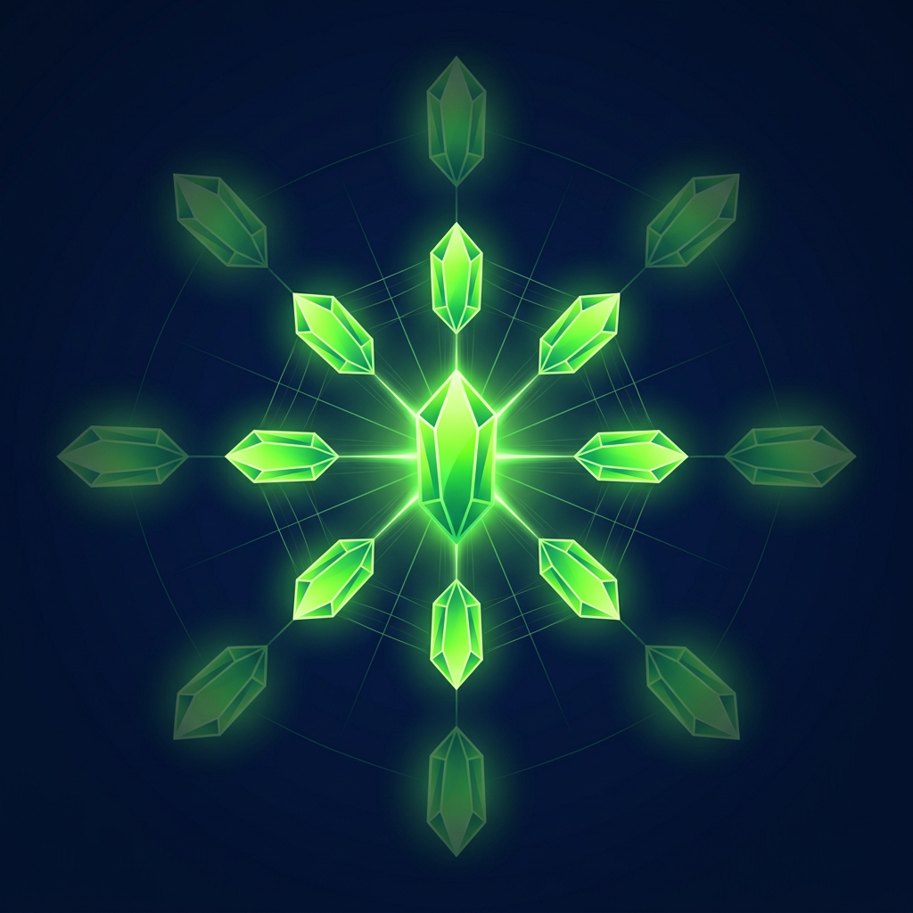 Editorial illustration on a deep navy background of one brightly glowing green company shape casting mirrored reflections outward, each reflection matching its silhouette with slightly softer glow.