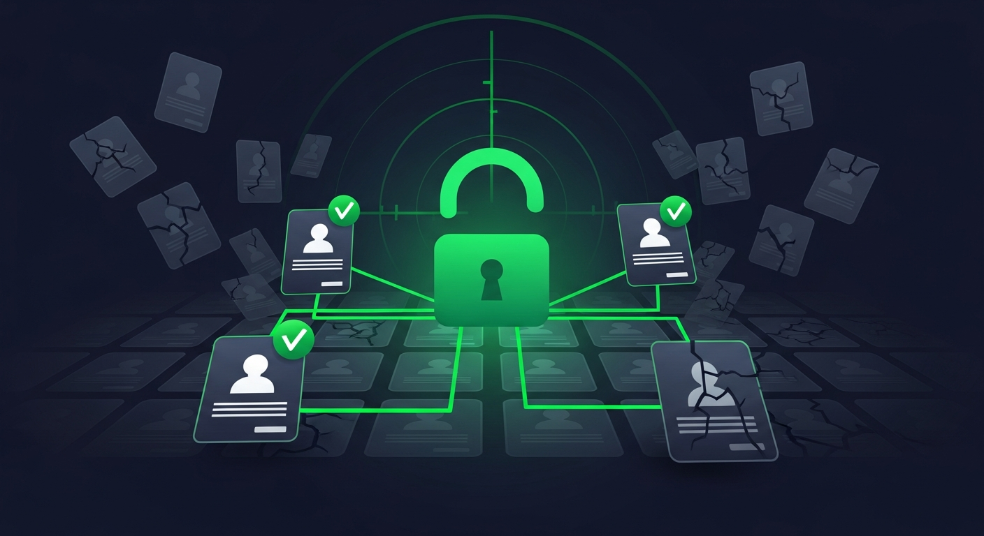 Editorial illustration of a glowing green open padlock over a grid of contact record cards on a deep navy background, with verified cards linked by bright green lines while stale records crack and fade toward the edges.
