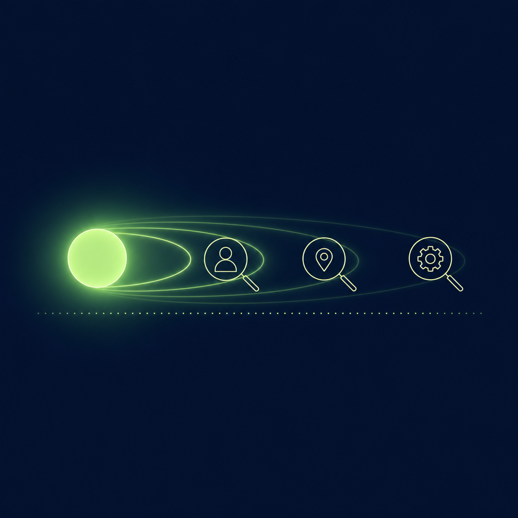 Text-free editorial vector illustration on a deep navy background: one large luminous green disc at the left edge of a central horizontal band emits three concentric rings that fade toward the right; riding the rings are three small plain pale outline shapes, a person silhouette, a map pin and a gear, each framed by a thin magnifying-lens circle, with a faint dotted green baseline underneath; minimal, subtle glow, no letters, numbers, labels or logos.