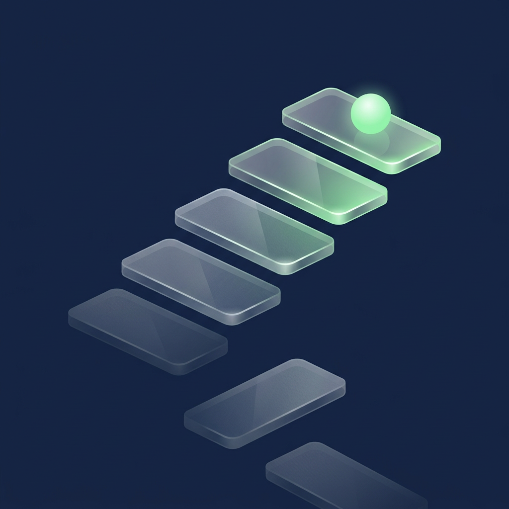 Five glass tiles climb a diagonal staircase from dim grey to glowing green, with a small green sphere on the top tile and two more dim tiles lying below.
