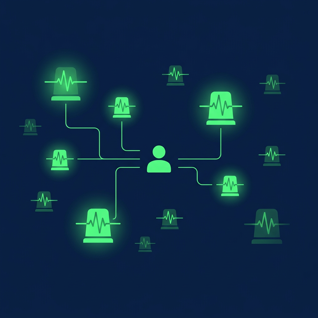 Editorial vector illustration on a deep navy background: several luminous green pulse or beacon shapes of different sizes scattered across the canvas, with thin glowing green lines routing only some of them toward a single central person silhouette icon while others fade out unconnected, conveying that only some public events actually reach the person who owns the decision, no text or numbers.