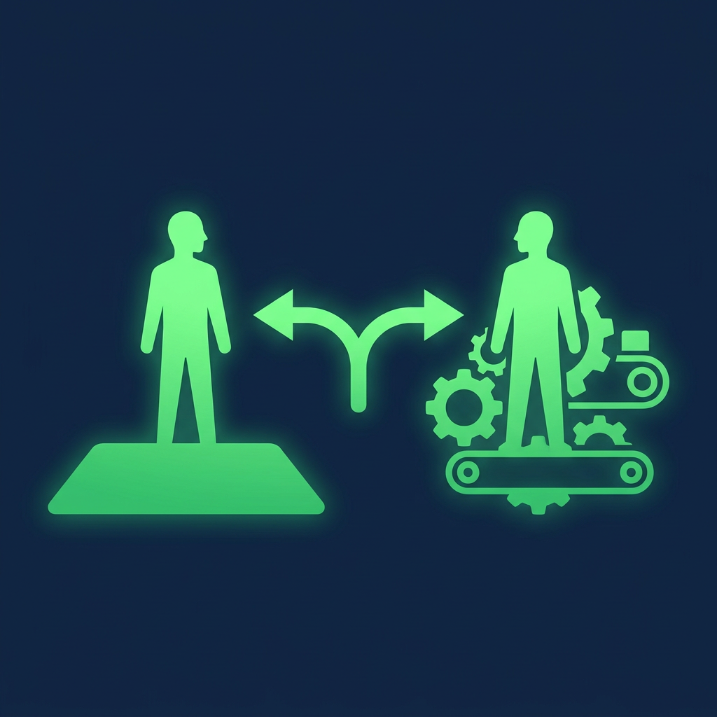 Editorial vector illustration on a deep navy background: two luminous green human silhouette icons facing each other, the left one standing on a wide flat platform shape suggesting a whole business unit, the right one positioned inside a gear-and-conveyor shape suggesting a single process; a glowing green branching arrow between them splits toward one figure or the other, conveying a decision about scope, no text or numbers.