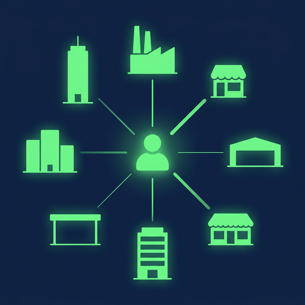 Editorial vector illustration on a deep navy background: a single luminous green human silhouette icon at the center, surrounded by eight distinct building-shape icons (a hotel tower, a factory, a storefront, a car dealership canopy, a warehouse, a restaurant, an office block, and a small multi-site cluster) connected to the figure by thin glowing green lines of varying thickness, showing that the same role maps to very different scopes, no labels or numbers anywhere.