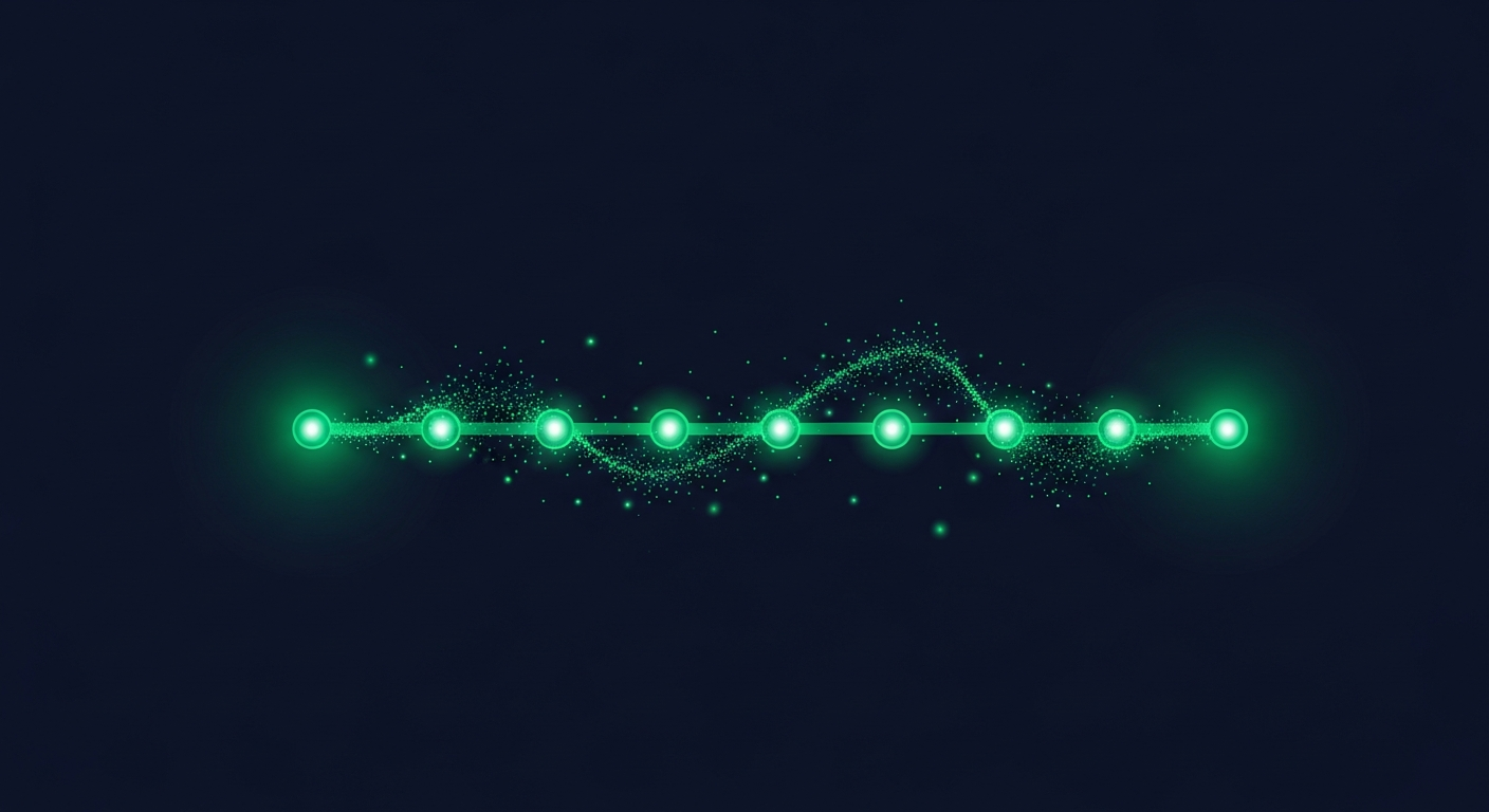 Editorial illustration of a green production line of glowing nodes flowing across a deep navy background, suggesting a managed service producing qualified B2B leads at a steady cadence.