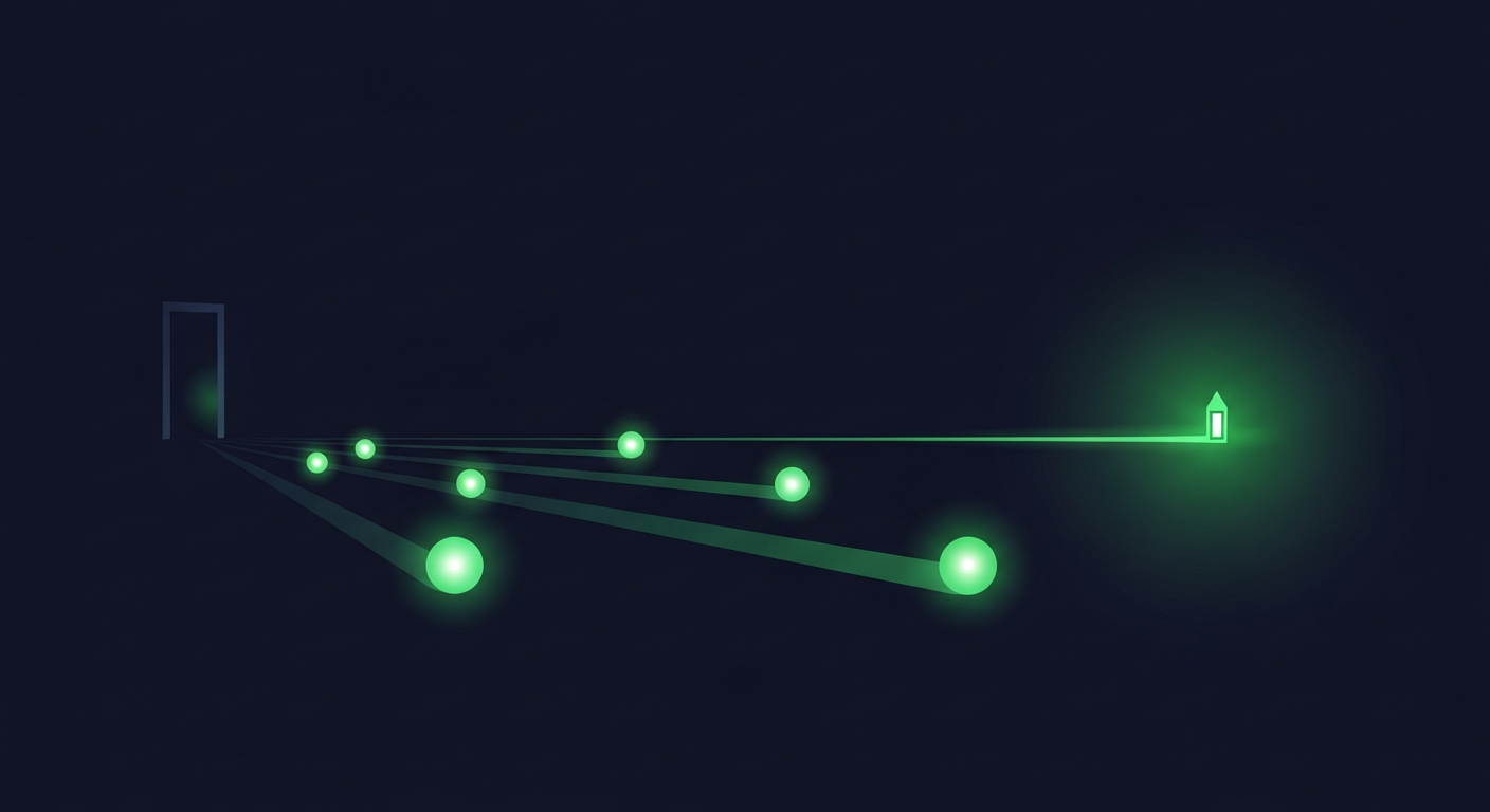 Editorial illustration of a deep navy background where several glowing pathways branch out from a single dim doorway, each path lit by a luminous green orb of a different size, with the brightest path leading toward a radiant beacon on the horizon, suggesting multiple credible routes away from one tool.