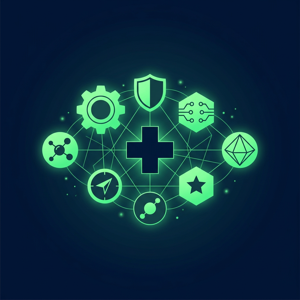 Editorial vector illustration on a deep navy background: a cluster of nine distinct luminous green geometric shapes (circles, hexagons, a shield, a gear) arranged around a central medical cross formed from clean negative space, connected by thin glowing green lines into a single decision network, minimal and text-free.