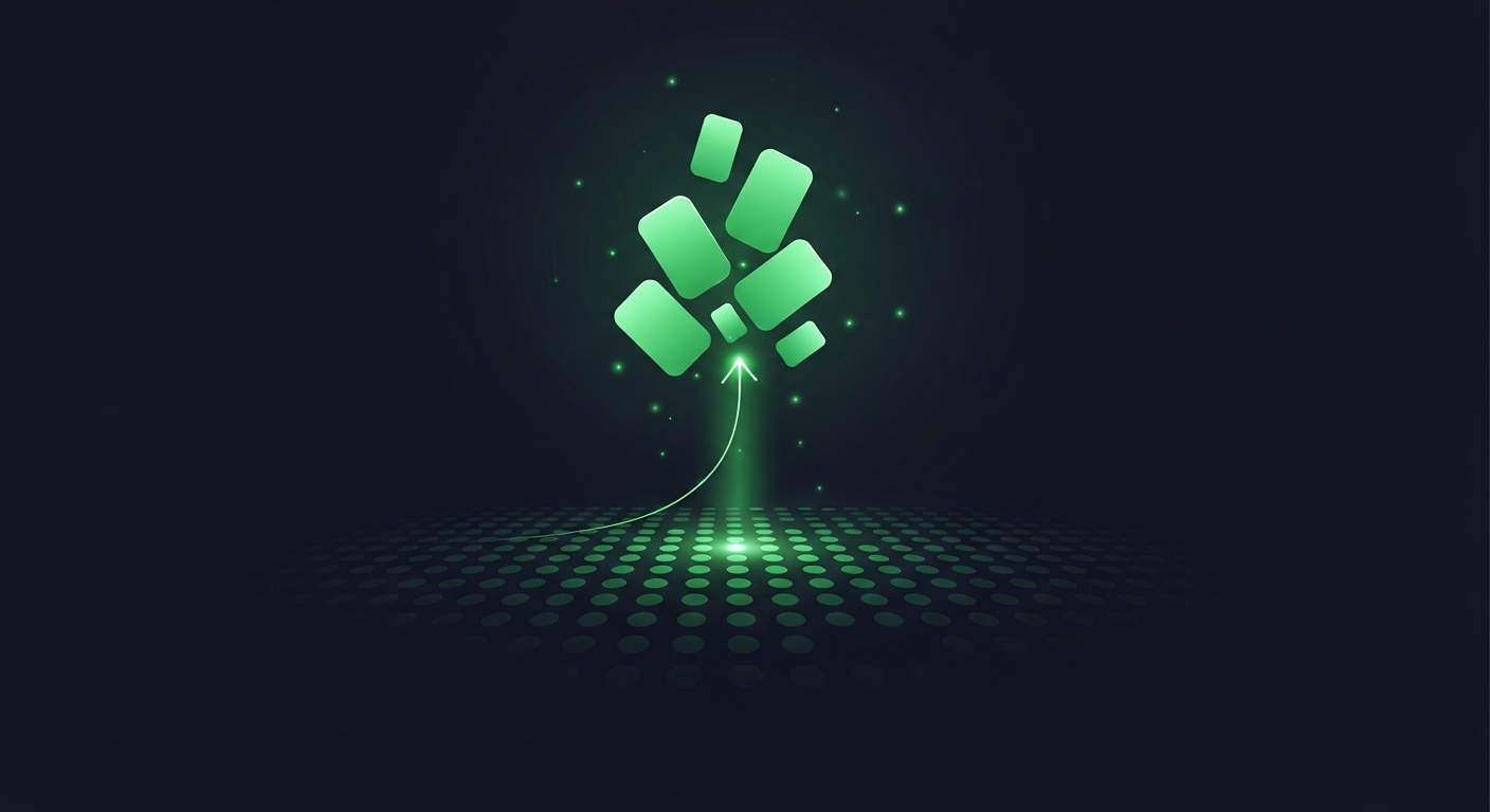 Editorial illustration of a small cluster of brightly glowing green verified contact cards rising above a field of dim grey account dots on a deep navy background, a luminous upward arrow threading through them, suggesting a few high-intent B2B leads separated from the noise.