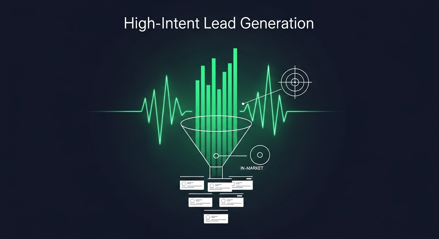 Editorial illustration of bright green buying-intent waveforms converging through a funnel into a small cluster of verified contact cards on a deep navy background.