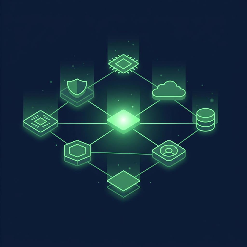 Editorial vector illustration on a deep navy background: eight luminous green nodes of distinct geometric forms (a shield, a chip, a cloud shape, a database cylinder) linked by glowing green lines into a layered network stack, with one node brighter at the center, minimal and fully text-free.