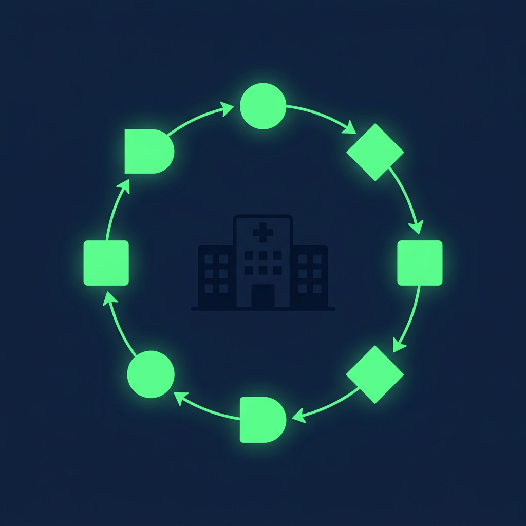 Editorial vector illustration on a deep navy background: seven luminous green nodes of different shapes arranged in a directed loop, each linked by a single glowing green arrow forming a closed decision path around a subtle hospital-building silhouette rendered in negative space, clean and text-free.
