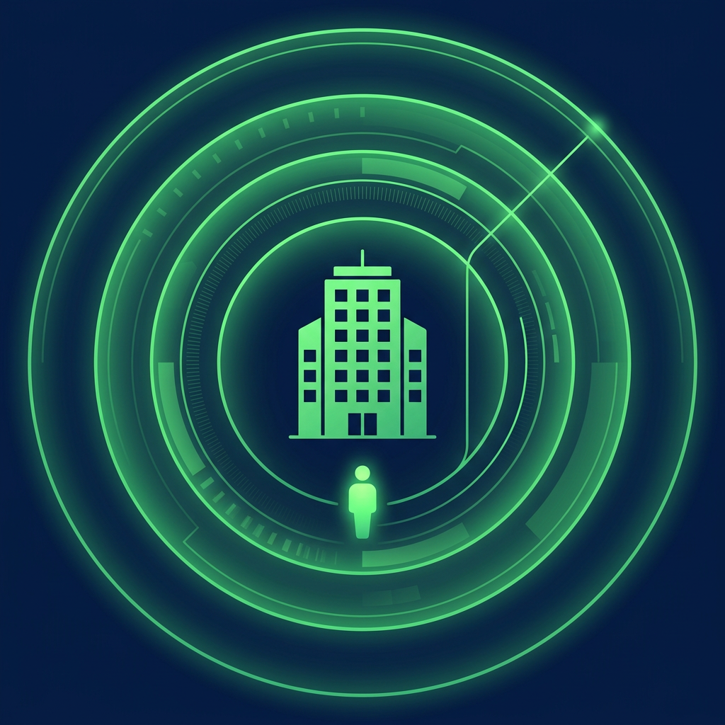 Editorial vector illustration on a deep navy background: a luminous green hotel tower silhouette at the center with four distinct layered rings around it suggesting brand, owner, management company, and property, and a single bright green person icon standing at the property level connected by a thin glowing line to a separate higher-tier ring, showing that the on-site manager and the contract owner sit at different layers, no text or numbers.