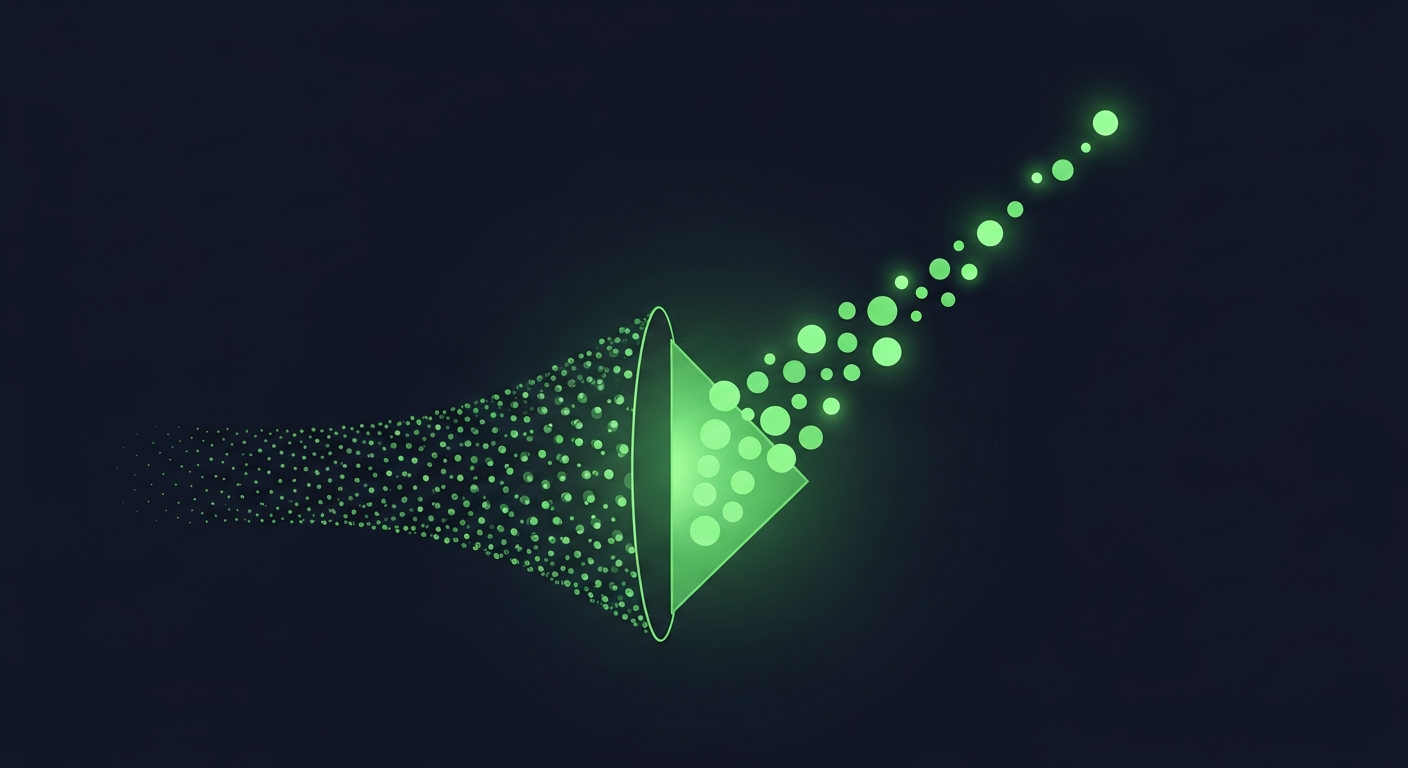 Editorial illustration of a wide funnel of dim scattered dots on a deep navy background narrowing through a luminous green prism into a focused ascending beam of bright orbs — an AI layer concentrating a broad flow of prospects into fewer, brighter, converting leads.