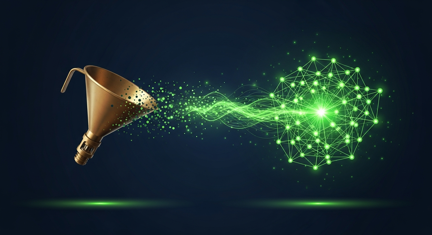 Editorial vector illustration on a deep navy background: a brass mechanical funnel on the left dissolves into a stream of luminous green particles that re-form on the right as a glowing lattice of interconnected nodes — traditional B2B selling transforming into an AI-driven system.