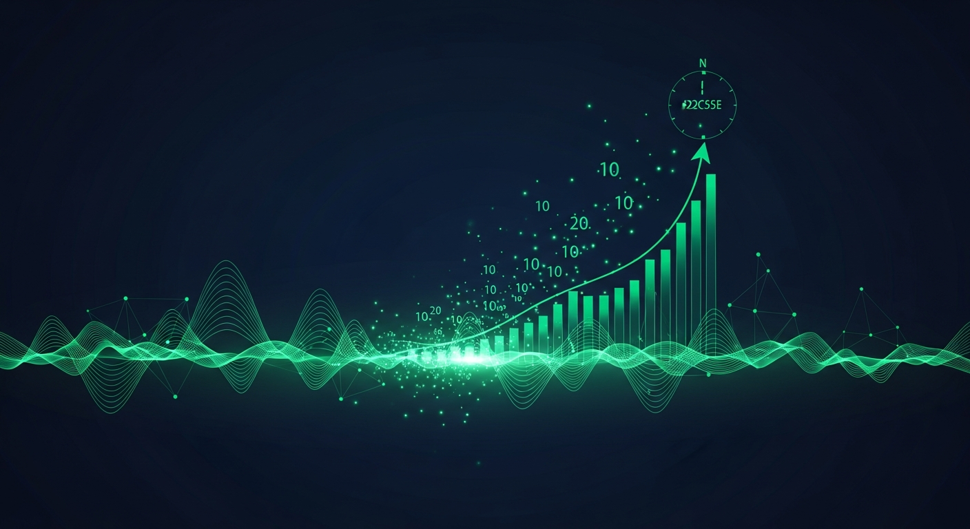 Editorial illustration of glowing green signal waves and scattered data points converging into a rising surge curve on a deep navy background, representing how raw signals become an intent score.