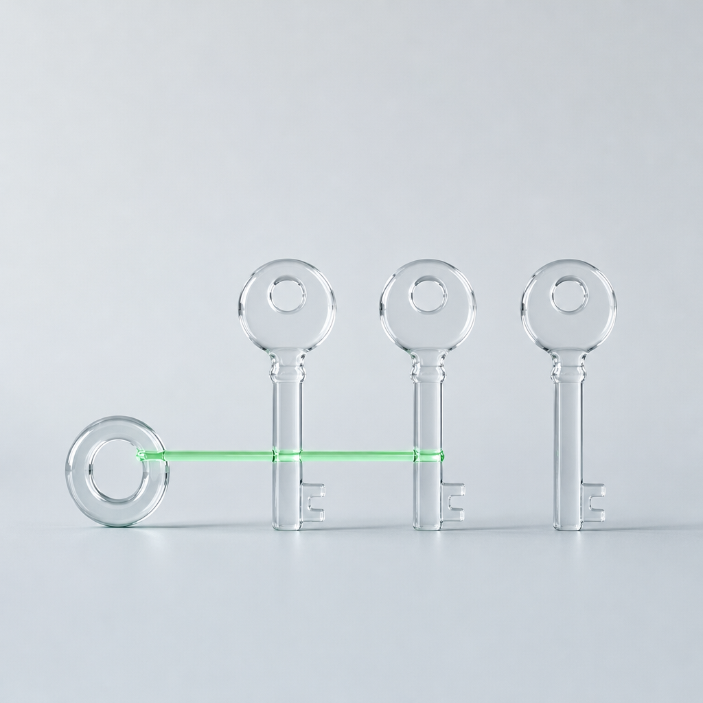 Three clear glass keys standing in a row beside a clear glass ring, joined to the ring by a thin green line that runs through the first two keys.