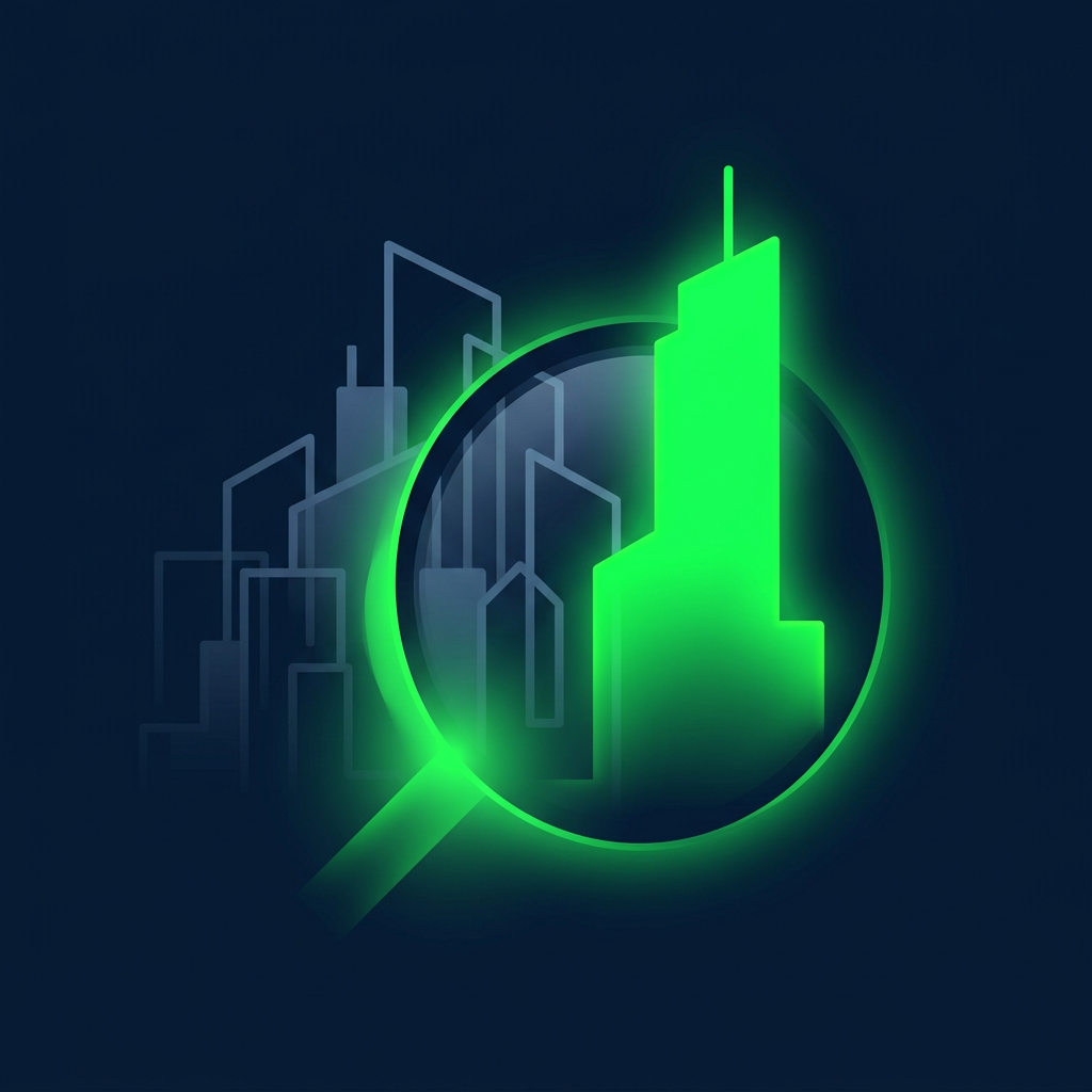 Editorial illustration on a deep navy background of a glowing green silhouette emerging from a cluster of faded company shapes, with a magnifying lens distilling many outlines into one sharp profile.