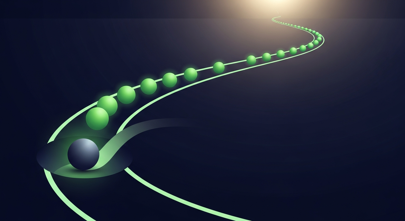 Editorial vector illustration on a deep navy background: a curving luminous track carries a line of glowing green orbs toward a bright horizon while one soft side branch guides a single dim slate orb into a quiet rounded alcove — one prospect gently set aside from the flow.