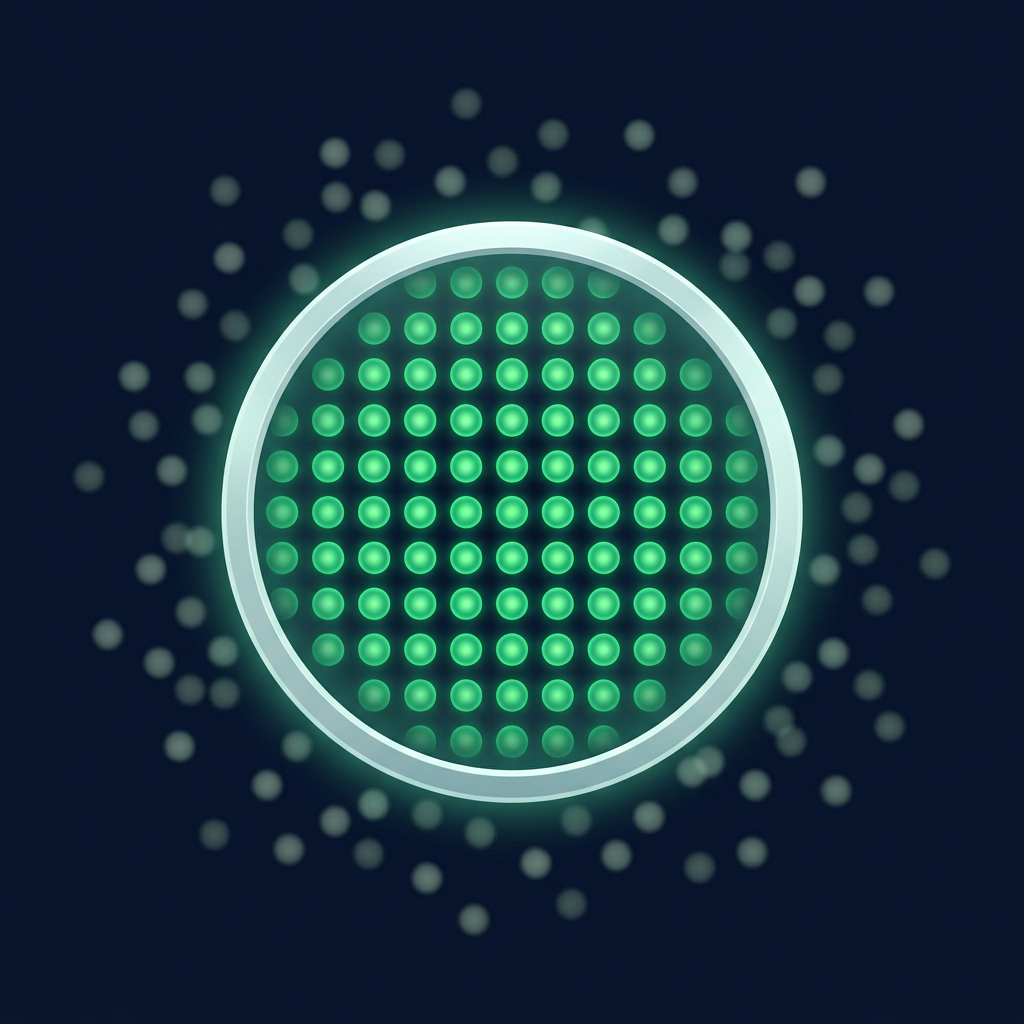 Editorial illustration on a deep navy background of a large luminous magnifying lens hovering over a field of scattered dim particles, with the particles inside the lens resolving into a crisp, bright, perfectly aligned grid of glowing green spheres.