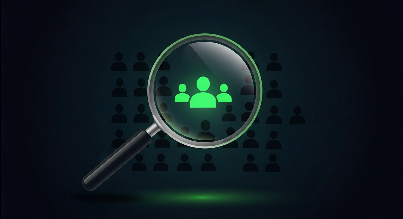 Editorial vector illustration on a deep navy background of a large translucent magnifying lens hovering over a grid of small dark human silhouettes, with the three figures seen through the lens glowing luminous green while the rest stay dim — suggesting the real decision-makers surfacing out of a full org chart.