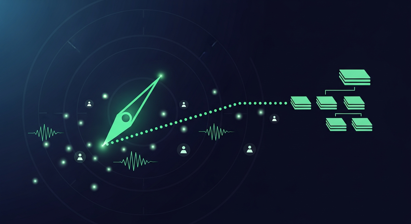 Editorial illustration of a green compass needle tracing a numbered path across glowing account signals into a sales pipeline on a deep navy background.