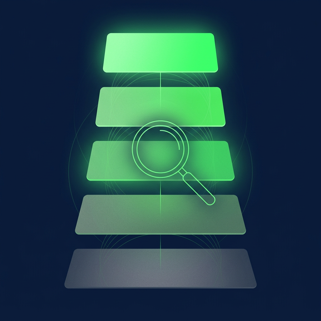 Editorial vector illustration on a deep navy background: five stacked horizontal evidence cards ascending from a dim grey bottom card to a bright luminous green top card, each higher card glowing more strongly, with a thin green magnifying-glass outline hovering over the middle card and faint connecting lines suggesting corroboration between sources. Composition reads as a ladder of proof strength, purely from height, brightness, and shape. No text, no numbers.