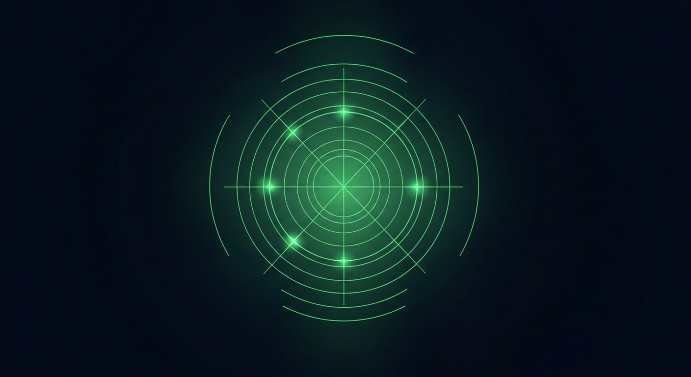 Editorial illustration of a glowing green compass dial with concentric signal rings on a deep navy background.