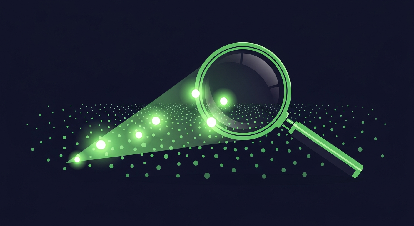 Editorial illustration of a glowing green magnifying lens sweeping over a field of dim scattered dots on a deep navy background, with a handful of dots lighting up bright green inside the lens beam, suggesting prospects being identified out of a wide online market.