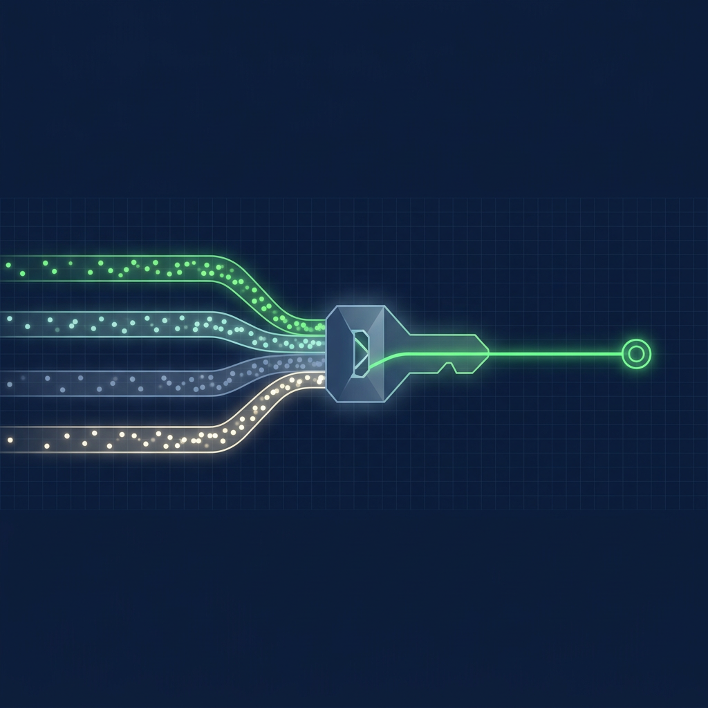Text-free editorial vector illustration on a deep navy background: four separate streams of small glowing particles enter from the left edge, one luminous green, one pale teal, one soft slate blue and one warm white, each flowing through its own slim rounded channel; at the centre the four channels lock into a single faceted connector shaped like an interlocking key, and from it one bright green line continues to the right and ends at a small glowing target ring; faint grid lines in the background; no letters, numbers, labels or logos.