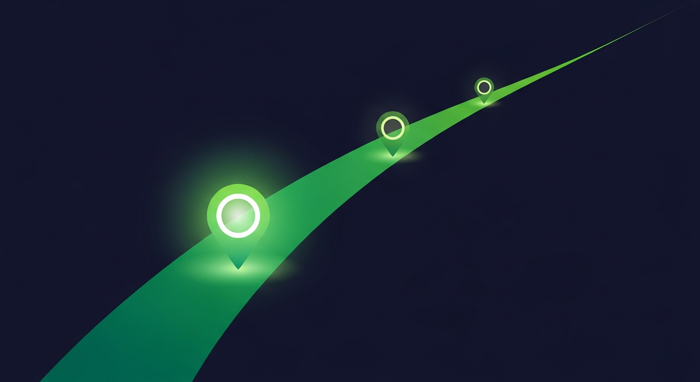 Editorial illustration of green location pins ascending a curving green path on a deep navy background, suggesting intent signals tracked across buyer journey stages.