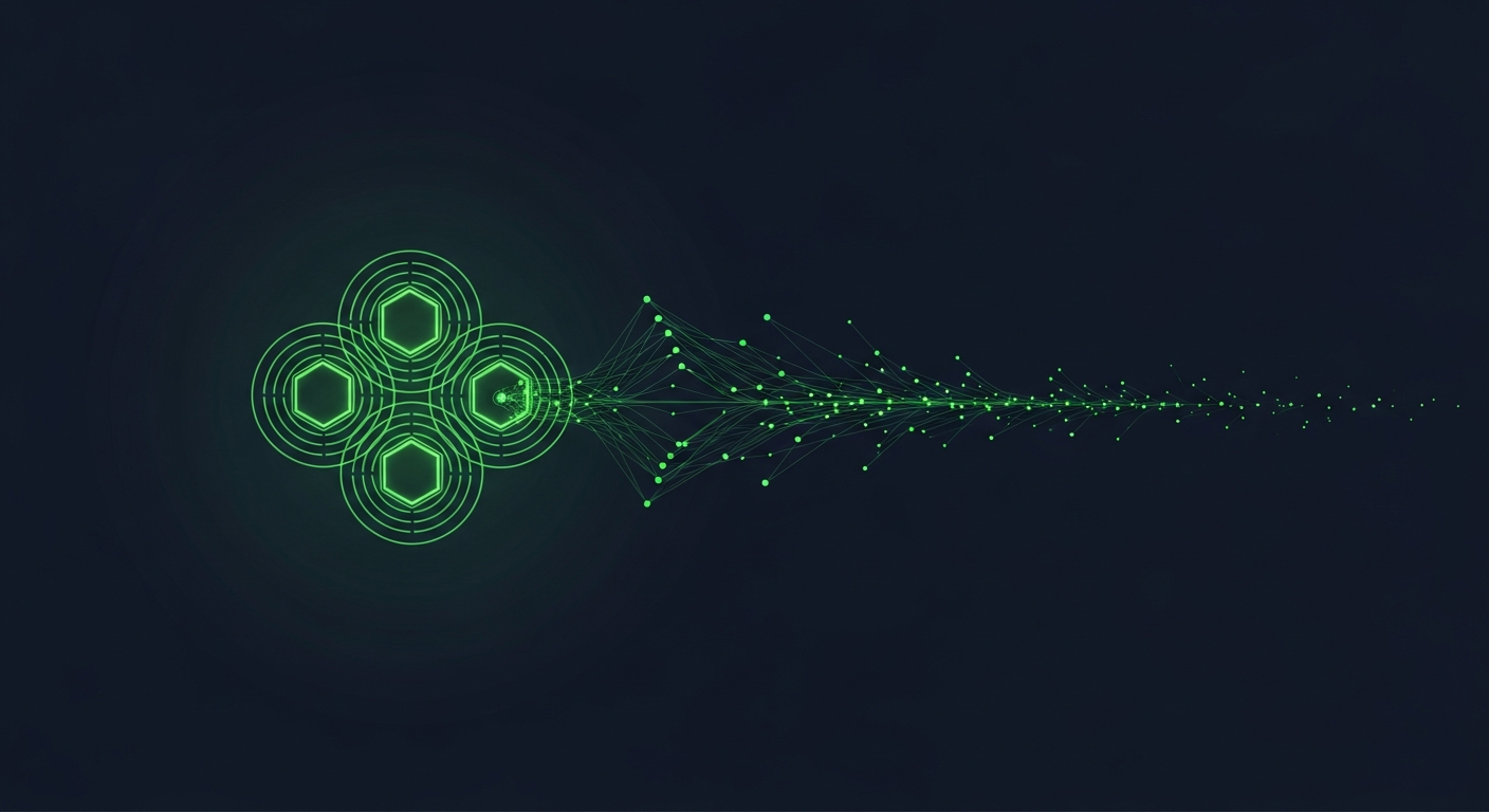 Editorial illustration of a small cluster of glowing green hexagon account nodes ringed by concentric targeting circles, with green signal lines converging onto them from the edges, on a deep navy background — buying signals coordinated onto a few named target accounts.