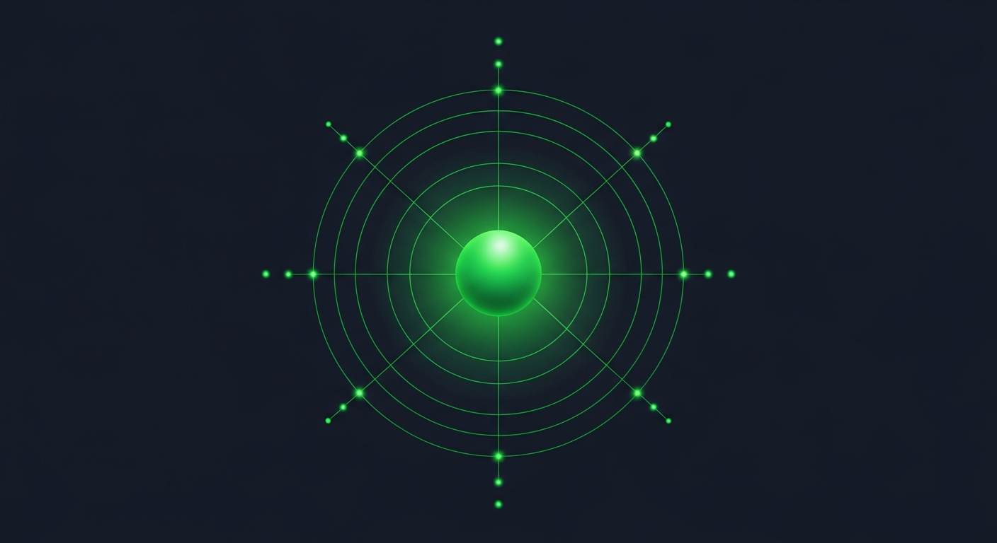Editorial illustration of a glowing green core orb radiating outward through concentric rings to satellite nodes on a deep navy background, suggesting expansion from a central account.