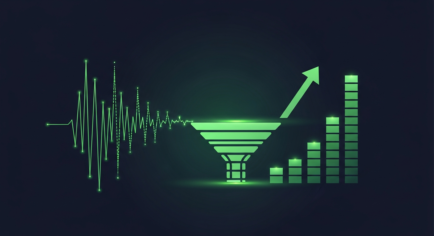 Editorial illustration of green intent-signal waveforms converging into an upward-climbing pipeline channel that feeds growing forecast bars on a deep navy background.